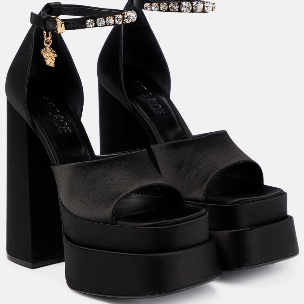 VERSACE Black Aevitas Heeled Silk Sandals NWT Size 37